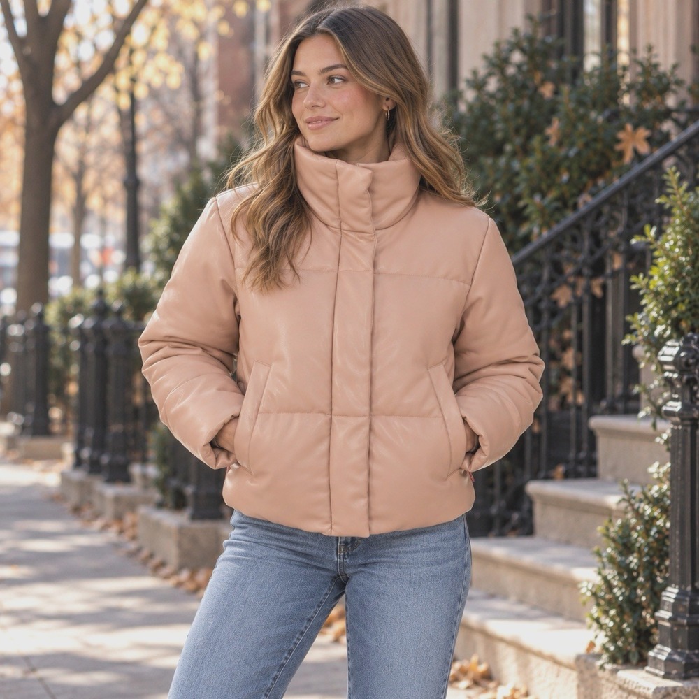 Levi's Women's Vegan Leather Quilted Short Puffer Jacket Biscotti XS 38" Chest